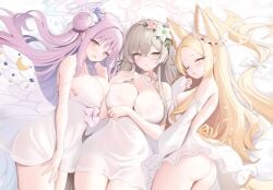 3girls alternate_breast_size alternate_costume animal_ears areola_slip arm_under_breasts ass bare_arms bare_shoulders blonde_hair blue_archive blush breasts brown_hair cleavage detached_sleeves dress feathered_wings fox_ears fox_girl hair_bun hair_intakes halo highres large_breasts low_wings lying mika_(blue_archive) miko_(royal_milk) multiple_girls nagisa_(blue_archive) on_back on_side one_eye_closed open_mouth pink_hair pink_halo second-party_source seia_(blue_archive) short_dress sideboob single_hair_bun single_side_bun sleeveless sleeveless_dress small_breasts strap_slip tea_party_(blue_archive) thighs trinity_general_school_student white_dress white_halo white_sleeves white_wings wings yellow_eyes yellow_halo