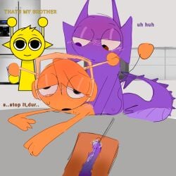 boys cum_inside dick durple_(sprunki) kitchen orange_hair oren_(sprunki) purple_hair simon_(sprunki) sprunki yellow_hair