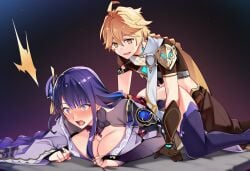 111 1boy 1girls aether_(genshin_impact) ai_generated big_breasts doggy_style fat_ass from_behind genshin_impact holding horny_female long_hair maledom mihoyo pleasure_face raiden_shogun sex straight thick_thighs
