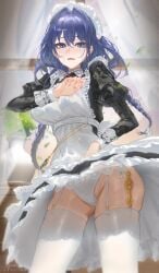 1girls absurdres apron black_dress blue_eyes blue_hair blush braid breasts dress embarrassed frilled_dress frilled_wrist_cuffs frills furrowed_brow garter_straps gluteal_fold groin highres hololive hololive_english juliet_sleeves large_breasts long_hair long_sleeves looking_at_viewer low_twin_braids maid maid_apron maid_headdress motion_blur ouro_kronii ouro_kronii_(maid) panties pantyshot pocket_watch puffy_sleeves shalink solo thighhighs twin_braids underwear virtual_youtuber watch wavy_mouth weapon_in_legwear white_apron white_garter_straps white_panties white_thighhighs wind wind_lift wrist_cuffs