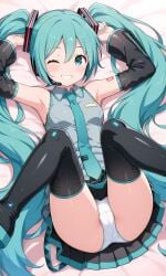 ai_generated ass ass blue_eyes blue_hair breasts hatsune_miku lay-oreo legs_up long_hair miniskirt on_bed open_legs panties pantyhose petite_tits skirt skirt_up smile smiling spread_legs tagme tie tighs tight_clothing twintails vocaloid young_girl