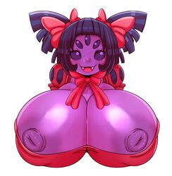 1girls absurd_res alternate_breast_size big_breasts bust bust_style female hi_res huge_breasts matospectoru muffet multi_eye nipples purple_skin simple_background solo spider tagme tie undertale white_background