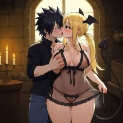 1boy 1girls ai_generated black_hair blonde_hair couple demon_tail fairy_tail gray_fullbuster horns large_breasts lucy_heartfilia sensual sexy succubus thick_thighs