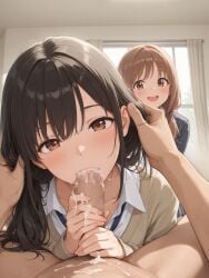 2girls ai_generated brown_hair cum cum_in_mouth fellatio hair_pull patorishiankuma school_uniform