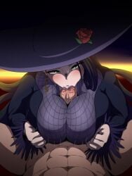 1boy 1girls big_breasts big_hat boku_no_hero_academia breasts clothed clothed_female_nude_male clothed_sex cosmetics crescent_earrings curvy curvy_female curvy_figure deborah_gollini earrings fellatio female female_focus first_person_view fully_clothed green_eyes hat kaw3r light-skinned_female light-skinned_male light_skin long_hair looking_at_viewer makeup male male/female male_pov muscular_male my_hero_academia my_hero_academia:_you're_next paizuri partial_male point_of_view pov pov_eye_contact purple_dress purple_hat purple_lipstick sucking_penis sucking_tip unknown_male