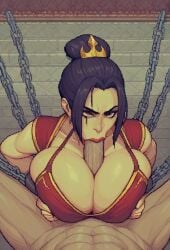 1boy 1girls ai_generated avatar_the_last_airbender azula blowjob cleavage clothing cum cum_in_mouth cum_on_face cumshot paizuri paizuri_under_clothes paralap pixel_art surprised surprised_expression