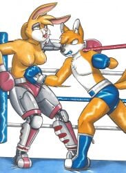 2018 2_tails anthro archie_comics bangs black_eye_(injury) black_nose blue_boots blue_clothing blue_eyes blue_footwear boots boxing boxing_gloves boxing_shorts bruised bunnie_rabbot canid canine clothed clothing dcheese duo female fighting_ring footwear fox fur green_eyes handwear hi_res lagomorph leporid male mammal mouthguard multi_tail nipples pink_nose prosthetic prosthetic_arm prosthetic_leg prosthetic_limb punch rabbit sega simple_background sonic_(series) sonic_the_hedgehog_(archie) sonic_the_hedgehog_(comics) sonic_the_hedgehog_(series) sport tail tails tails_the_fox thong topless traditional_media_(artwork) turnbuckle underwear white_body white_fur yellow_body yellow_fur