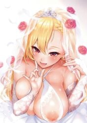 :d bare_shoulders blush braid breast_press breasts bridal_veil bride cleavage collarbone covered_nipples criss-cross_halter crown_braid dress earrings elbow_gloves eyelashes female finger_to_face flower gloves hair_between_eyes halter_dress halterneck hands_up highres huge_breasts jewelry kurihara_kenshirou lace-trimmed_dress lace_trim large_breasts long_hair looking_at_viewer nail_polish nipples o-ring o-ring_top open_mouth original petals pink_nails red_flower red_rose ring rose see-through_clothes see-through_dress sidelocks skindentation smile solo strapless strapless_dress tiara upper_body veil very_long_hair wedding_dress wedding_ring white_dress white_gloves