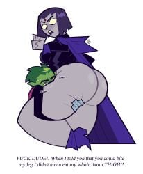 1boy 1girls ass beast_boy biting_leg bottomless cartoon_network dc green_skin hellavenderr huge_ass oral raven_(dc) teen_titans thick_thighs