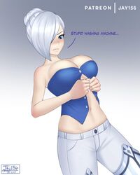 big_breasts blouse blue_eyes blush busty cleavage confused corset curvaceous english_text jay156 large_breasts midriff pants rwby small_clothes text voluptuous wardrobe_malfunction white_hair white_skin winter_schnee