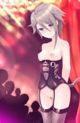 1girls ange_(princess_principal) auction bangs bar_censor bare_shoulders blue_eyes blush breasts censored chains closed_mouth collarbone commentary_request corset eyebrows_visible_through_hair female female_only garter_straps grey_hair hair_between_eyes medium_breasts navel nipples no_bra no_panties princess_principal pussy short_hair silhouette slave solo_focus standing tears thighhighs vesperia