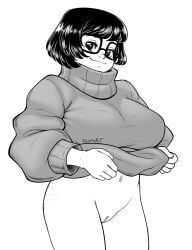 1girls bottomless female freckles glasses greyscale luenartt pussy scooby-doo signature solo text velma_dinkley