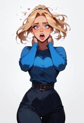 ai_generated blonde_hair blue_eyes female surprised_expression tight_clothing