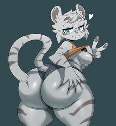 2019 absurd_res anthro areola ass big_butt blue_eyes blush breasts camel_toe clothed clothing clothing_lift felid female fur grey_areola grey_background grey_fur grey_nipples grey_nose grey_stripes half-closed_eyes heart hi_res huge_butt looking_at_viewer looking_back mammal medium_breasts nipples pantherine partially_clothed shirt shirt_lift simple_background skimpy smile solo sssonic2 stripes thick_thighs tiger topwear wide_hips zahabi_(pizzacat)