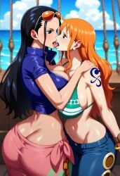 2girls ai_generated big_ass big_breasts big_butt bikini blush blushing_female blushing_profusely boat breasts_to_breasts breasts_touching breath bubble_ass bubble_butt cleavage deep_cleavage dimples_of_venus dripping female female_only hip_bones huge_ass huge_breasts kissing large_breasts looking_at_another looking_at_partner massive_breasts nami narrow_waist nico_robin ocean one_piece open_mouth posing posing_for_the_viewer saliva saliva_drip saliva_trail sea self_upload sweatdrop sweating sweaty sweaty_body sweaty_breasts sweaty_butt thick_thighs tongue tongue_kiss tongue_to_tongue tongues_touching wide_hips yeetyboi5000 yuri