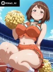 ai_generated breasts brown_hair cheerleader cheerleader_uniform focus futanari intersex kikia1 large_breasts my_hero_academia ochako_uraraka posing short_hair skirt solo solo_focus