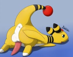 2019 ampharos anus ass balls blue_background blue_eyes feral fur galv3z_(artist) generation_2_pokemon genitals gradient_background hand_on_butt looking_at_viewer looking_back looking_back_at_viewer lying male male_feral nintendo on_front penis pokemon pokemon_(species) presenting presenting_hindquarters signature simple_background smile smiling_at_viewer solo tapering_penis white_body white_fur yellow_body yellow_fur