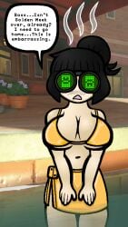 /ctt/ 1girls bikini bikini_skirt bikini_top black_hair busty clothed console-tan dialogue digital_eyes gijinka gold_bikini golden_bikini golden_week hair_bun hands_on_thighs hime_cut huge_breasts humanization humanized large_breasts nintendo nintendo_switch_2 spookdakook steam steaming_body swimsuit switch_2-tan