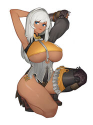 arms_up asymmetrical_legwear bell blade_&_soul bling_(wnsdud34) blue_eyes boots breasts clothing dark-skinned_female dark_skin erect_nipples erect_nipples_under_clothes female female large_breasts light_smile long_hair nipples simple_background single_thighhigh solo thick_thighs thighhighs thighs underboob white_background