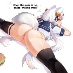 1female 1girls 2026 2d 2d_(artwork) animal_ears animal_humanoid anus ass ass_focus big_ass big_butt burger clothing dialogue english english_dialogue english_text filian_(vtuber) hi_res indie_virtual_youtuber inviting looking_back lying_on_stomach no_panties partially_clothed presenting puffy_pussy pussy skirt tail text thick_thighs thighhighs thighs virtual_youtuber vtuber wersman white_hair