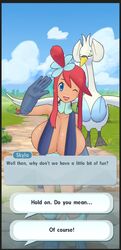 1girls alternate_breast_size ambiguous_gender avian big_breasts big_hands black_border blue_eyes breasts cleavage closed_eyes clothed clouds day edit eye_contact feet female feral gameplay_mechanics grass hair_ornament hud huge_breasts human large_breasts long_hair looking_at_viewer nintendo nude outdoors phone pokemon pokemon_bw pokemon_masters pose quin-nsfw red_hair revealing_clothes screenshot screenshot_edit sky skyla_(pokemon) smile solo_focus source_request swanna teeth text tongue watermark waving webbed_feet white_feathers wings wink