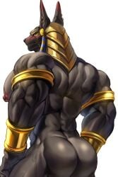 2025 absurd_res anthro anubian_jackal anubis areola armband ass back_muscles barazoku big_butt big_muscles blush bodily_fluids bracelet canid canine canis deity deltoids ear_piercing ear_ring egyptian egyptian_mythology eyebrows frown gold_(metal) gold_jewelry headdress hi_res huge_butt huge_muscles jackal jewelry kemono looking_back male mammal middle_eastern_mythology muscular muscular_anthro muscular_male mythology nipples nude pecs piercing rear_view ring_piercing simple_background solo standing sweat sweatdrop tailless thick_arms thick_thighs triceps vein white_background yukihoshiak