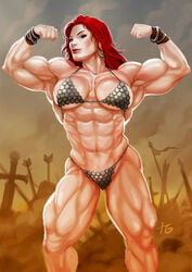 1girls abs biceps big_muscles bikini bikini_armor breasts chainmail chainmail_bikini earrings extreme_muscles female female_only flexing looking_at_viewer muscular muscular_female navel red_hair red_sonja red_sonja_(comics) solo testground thong