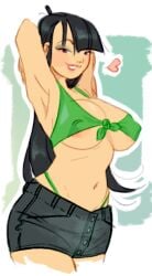 2019 aged_up armpits arms_behind_head arms_up asian asian_female black_eyes black_hair blush blush breasts cartoon_network cleavage codename:_kids_next_door female female_only green_background green_bikini heart kuki_sanban long_hair nark nipples numbuh_3 pink_lips shorts thighs white_border