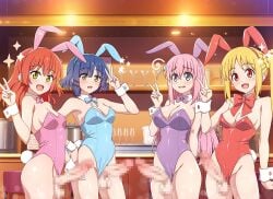4girls :d animal_ears blonde_hair blue-senpai blue_eyes bocchi_the_rock! breasts bunny_ears bunny_girl bunny_tail bunnysuit censored cleavage detached_collar fake_animal_ears futa_only futanari gotou_hitori green_eyes ijichi_nijika kita_ikuyo long_hair looking_at_viewer medium_breasts mosaic_censoring multiple_girls open_mouth orange_hair pantyhose penis pink_hair red_eyes red_hair short_hair small_breasts smile standing strapless strapless_leotard tail v wrist_cuffs yamada_ryou