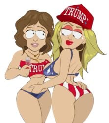 2girls american_flag_bikini bikini blonde_hair breasts brown_hair cross_necklace female female_only hoop_earrings large_breasts maga_hat red_lips smile south_park sparkles unknown_artist unnamed_characters wine_glass