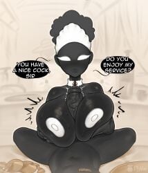 1girls beholder_(game) beholder_(series) big_breasts black_body breasts dryvial female female_focus female_only large_breasts looking_at_viewer nipple_slip presenting_breasts solo solo_female solo_focus titjob titjob