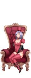 arm_up black_background black_gloves breasts cg chair choker ciel_phantomhive cleavage collarbone couch cross-laced_footwear dress elbow_gloves female full_body gloves green_eyes hair_over_one_eye hat hentai_heroes high_heel_boots high_heels kinkoid large_breasts long_hair looking_at_viewer lucile_(hentai_heroes) medium_breasts official_art parody red_gloves simple_background sitting smile solo thighhighs transparent_background