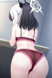 1female 1girl 1girls ai_generated ass back black_hair blue_archive bra commentary_request cowboy_shot demon_horns ear_piercing earclip female female_ass female_focus female_only frilled_bra frilled_panties frills from_behind halo horns kayoko_(blue_archive) leaning_forward long_hair looking_at_viewer looking_back multicolored_hair panties piercing ponytail red_bra red_eyes red_panties shoulder_blades solo two-tone_hair underwear underwear_only white_hair zelanell