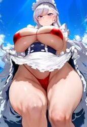1girls ai_generated apron azur_lane bangs belfast_(azur_lane) bikini blue_eyes blue_sky blush braid breasts closed_mouth cloud collar day dress dress_lift eyebrows_visible_through_hair fourina french_braid frilled_gloves frills from_below gloves highleg huge_breasts large_breasts lifted_by_self long_hair looking_at_viewer maid maid_headdress mature_female micro_bikini navel red_bikini silver_hair skindentation sky smile solo standing swimsuit thick_thighs thighs underboob very_long_hair waist_apron white_apron white_gloves