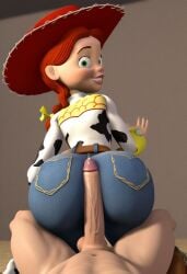 ai_generated big_penis braid buttjob clothed cowboy_hat disney green_eyes jeans jessie_(toy_story) penis pixar red_hair toy_story