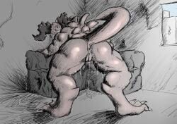 anthro anus back_spikes bent_over bodily_fluids deathclaw digitigrade fallout female furniture genital_fluids genitals grin hatching_(art) hi_res horn inviting looking_at_viewer microsoft muscular niannn post-apocalyptic scalie shaded simple_background smile sofa solo spikes spikes_(anatomy) spread_legs spreading standing sweat sweat_drip tail vulva