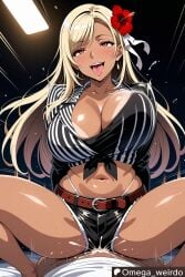 1girl1boy ahe_gao ahegao_face ai_generated belt big_breasts blonde_hair blush bouncing_breasts breasts cowgirl_position dark-skinned_female dark_skin drooling earrings female final_fantasy final_fantasy_vii flower_in_hair gyaru gyaru_gal gyarufication gyarufied hair_ornament huge_breasts long_hair midriff omega_weirdo open_mouth patreon pov pov_sex red_eyes sex sticking_out_tongue straddling tanned tanned_female tanned_skin tifa_lockhart