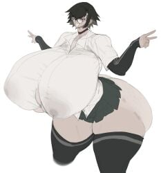 1girls 2d areolae_visible_through_clothing black_hair braces busty clothed clothing collar curvy curvy_female curvy_figure double_v ear_piercing female female_only glasses huge_ass huge_breasts human light-skinned_female light_skin looking_at_viewer maotthat miniskirt nipples_visible_through_clothing no_bra oc original_character peace_sign plain_background red_eyes sharp_teeth short_hair simple_background solo solo_female thick_thighs thigh thighhighs thighs v_sign white_background
