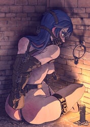 1girls angry areolae arm_band armbinder arms_behind_back arms_tied_behind_back bdsm belt blue_eyes blue_hair blush bondage bound breasts bricks candle chain_leash chained chains chastity chastity_belt collar dirty dungeon enslaved_royal female female_chastity female_focus female_only femsub fire_emblem fire_emblem_awakening flame from_behind gag gagged heart_lock indoors leather linked_nipples linked_piercings lock looking_at_viewer looking_back lucina_(fire_emblem) melted_wax monoglove nipple_piercing nipples padlock piercing princess red_ass reversetension royalty running_bond scared sitting solo spank_marks spanked stack_bond stitches stone_floor stone_wall strap studs submissive_female