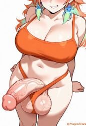 ai_generated balls_in_panties big_breasts big_penis bra breasts clenched_balls curvy erection futanari hands_behind_back hololive hololive_english hololive_myth maos panties smirk takanashi_kiara veiny_balls veiny_penis white_background