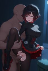 ai_generated belt black_dress black_hair black_pantyhose boots breasts clothed clothed_female clothed_female_nude_male clothed_sex clothing cum cum_in_pussy cum_inside female gradient_hair leg_grab leg_up outdoors pantyhose penetration penis penis_in_pussy pussy pussy_ejaculation pussy_juice pussy_juice_drip ruby_rose rwby sex sex_from_behind silver_eyes skirt_lift skirt_up