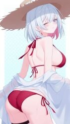 ass ass_focus bare_shoulders bikini blue_eyes blush breasts female from_behind hat honkai:_star_rail honkai_(series) large_breasts looking_at_viewer looking_back multicolored_hair ndik one_eye_closed parted_lips red_hair short_hair sideboob solo straw_hat sweat swimsuit thigh_strap topaz_(honkai:_star_rail) two-tone_hair white_hair