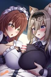 1boy 2girls :o animal_ear_fluff animal_ears aponia_(honkai_impact) apron artist_name bar_censor black_dress blue_eyes blush breasts brown_hair cat_ears censored cleavage commentary_request cooperative_paizuri dress eden_(honkai_impact) english_commentary highres honkai_(series) honkai_impact_3rd large_breasts looking_at_penis maid maid_apron mixed-language_commentary multiple_girls paizuri paizuri_under_clothes parted_lips penis penis_awe teamwork_(sexual) yellow_eyes zero130