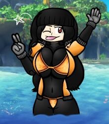/ctt/ 1girls black_body black_bodysuit black_hair bodysuit clothed console-tan gigantic_breasts gijinka gold_bikini golden_bikini hand_up hime_cut huge_breasts humanization humanized jacket large_breasts letterman_jacket long_hair nintendo_switch peace_sign red_eyes spookdakook sports_jacket switch-tan thick tongue_out wide_hips wink