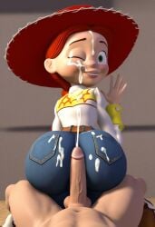 ai_generated big_penis braid buttjob clothed cowboy_hat cum cum_on_ass cum_on_back cum_on_face disney ejaculation green_eyes jeans jessie_(toy_story) penis pixar red_hair toy_story