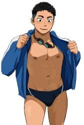 1boy 2020s 2025 black_hair bulge kanaty_12 male male_only nipple_hair nipples original simple_background solo speedo tagme tan_skin white_background