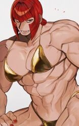 1girls abs bangs biceps big_breasts bikini breasts clavicle cleavage clothing cowboy_shot diagonal_bangs female gold_bikini golden_bikini green_eyes highres huge_breasts large_breasts large_pectorals looking_at_viewer marisa_rossetti mole mole_under_eye muscle muscles muscular muscular_female nail_polish navel one_eye_closed open_mouth pectorals ponytail red_hair red_nails revealing_clothes short_hair sidelocks smile solo solo_female spread_legs street_fighter street_fighter_6 swimsuit teeth thick_thighs thighs trnnmnm4 veins white_background yellow_bikini yellow_swimsuit