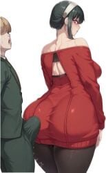 1boy 1girls angry angry_expression big_ass big_breasts big_butt black_hair blonde_hair breasts bulge bulge_through_clothing exposed_shoulders female green_suit headband imminent_death imposter male massive_ass massive_butt red_eyes sidelocks spy_x_family thick_thighs yandere yor_briar yor_forger