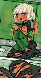 2019 apron apron_aside aubrey_(worst_world) bathroom bathroom_selfie blonde_hair blue_eyes blush blush breasts female female_only flashing flashing_breasts mirror_selfie nark nipple_piercing nipples pierced_nipples ripped_pants selfie short_hair tan_body tan_skin worst_world