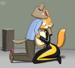 anthro big_breasts big_penis bodysuit breast_play breasts brown_body canid canine canis clothing diane_foxington disembodied_penis domestic_dog dreamworks female fox genitals group hi_res huge_breasts humanoid_genitalia humanoid_penis inside kneeling male male/female mammal oral orange_body penis questionable_consent sex sherbetjester skinsuit the_bad_guys tight_clothing titjob trio